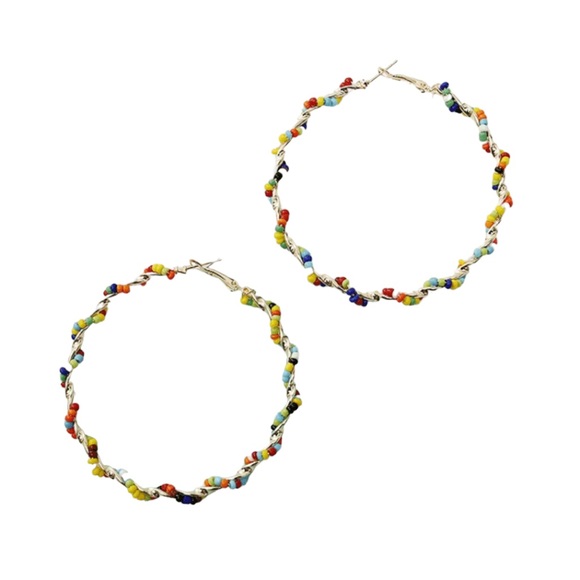 Boho Style Colorful Rice Beaded and Gold Large Hoop Earrings - Picture 5 of 5